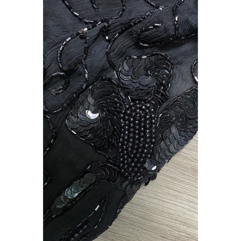 Stenay Vintage Black Silk Beaded Sequin Floral Long Sleeve Blouse Scallop Hem S - Picture 6 of 8
